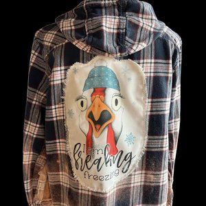 UP-CYCLED DISTRESSED BLUE, WHITE & RED FLANNEL HOODIE XL